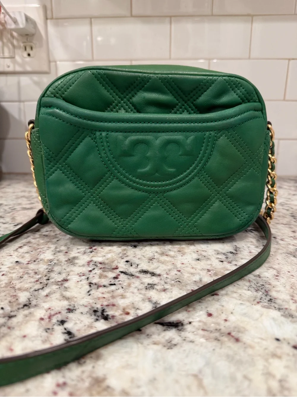 Tory Burch Green Quilted Leather Crossbody Bag with Chain Strap